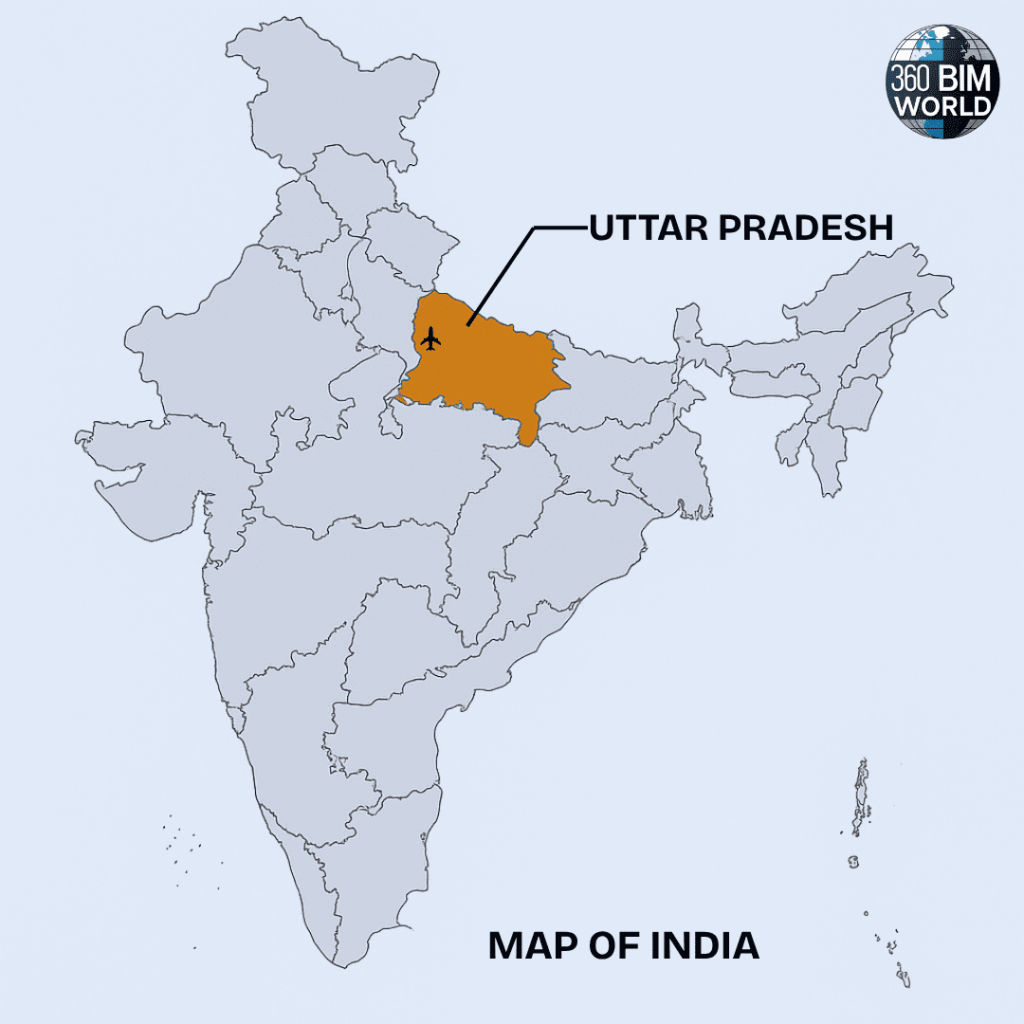 Map of India with Uttar Pradesh highlighted in brown, marked with an airplane icon indicating the location of Jewar Airport.